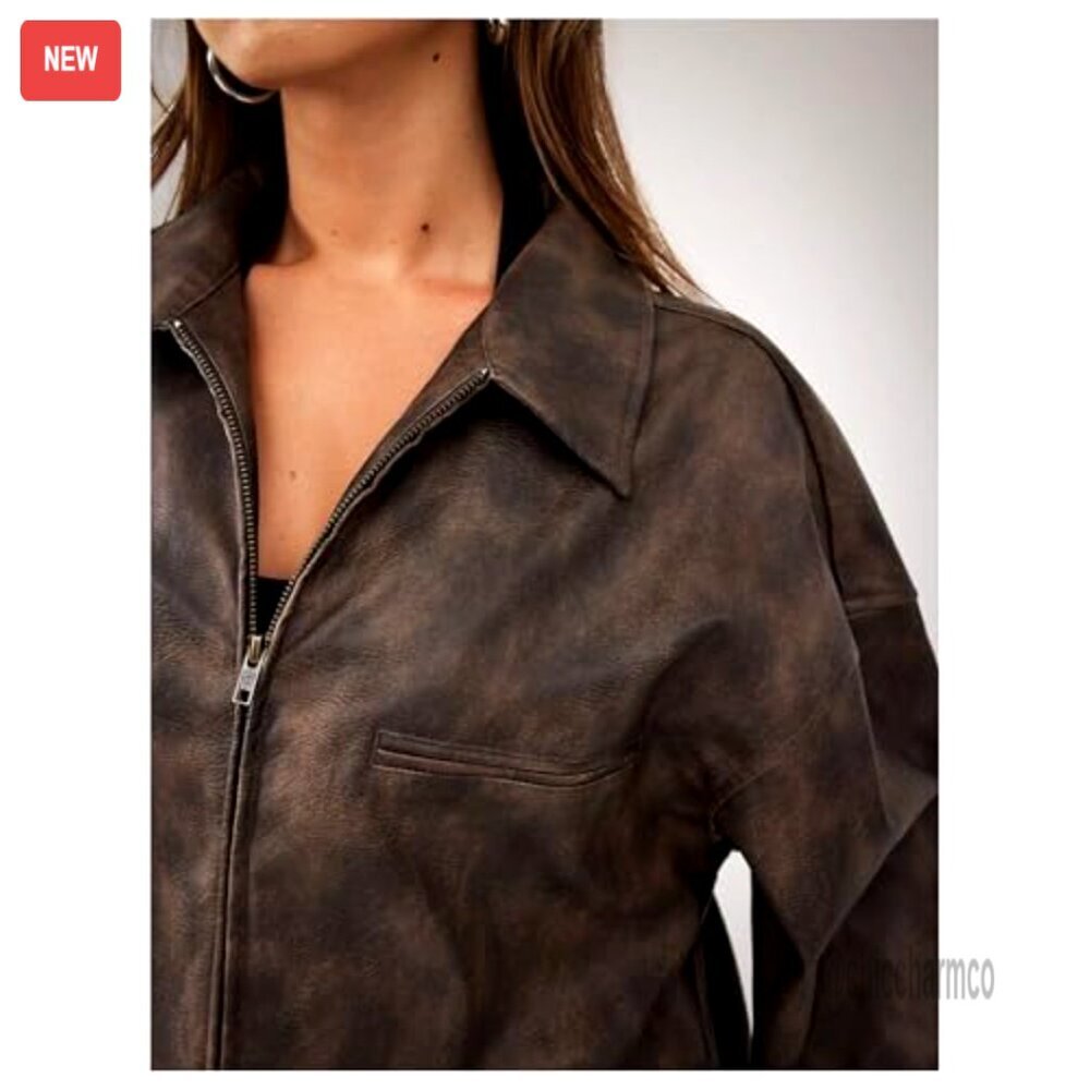 Vintage PU Leather Motorcycle Jacket Oversized Street Style Zip Up Collar - Picture 5 of 5